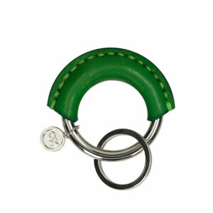 Freestanding photo handmade green leather keyring from the brand OX Originals with chrome ring.