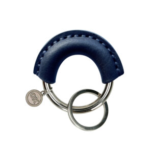 Handmade dark blue leather keychain with chrome ring and one splitring